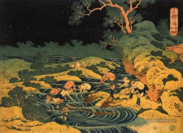  province - la pêche par flambeau dans la province de Kai des Océans de la sagesse 1833 Katsushika Hokusai ukiyoe